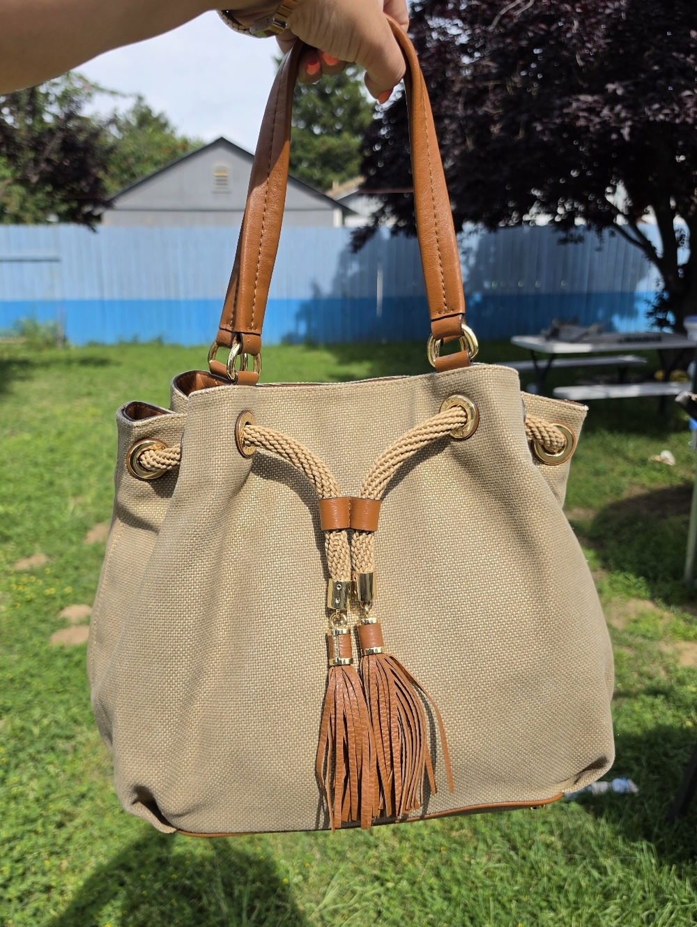 Michael Kors Beige Canvas Drawstring Shoulder Bag with Tan Leather Trim